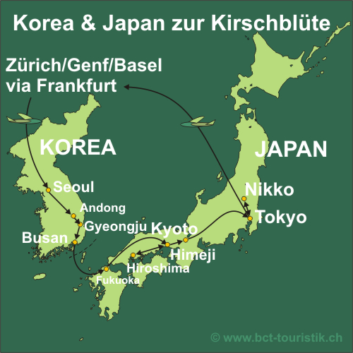 Erleben Sie Japan und Korea. Karte dieser Reise