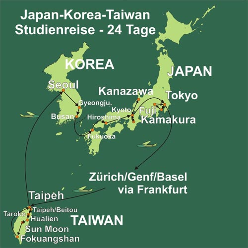 Erleben Sie Japan, Korea und Taiwan in einer einzigen Studienreise. Karte dieser Reise