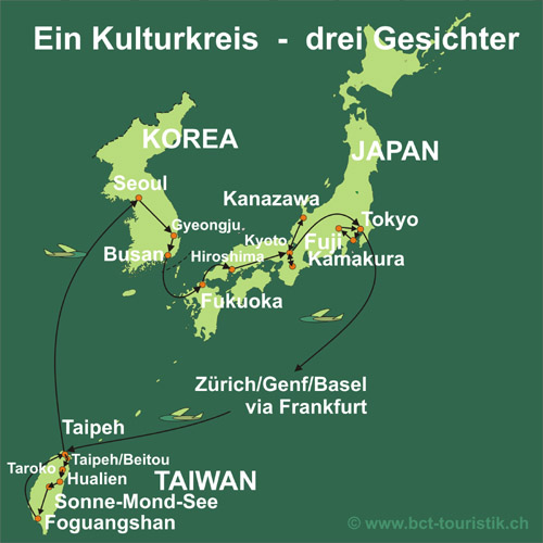 Erleben Sie Japan, Korea und Taiwan in einer einzigen Studienreise. Karte dieser Reise