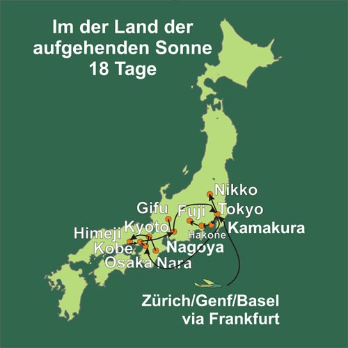 Fünf Tage mehr, als unsere 13-tägige Studienreise Japan. Route dieser Reise