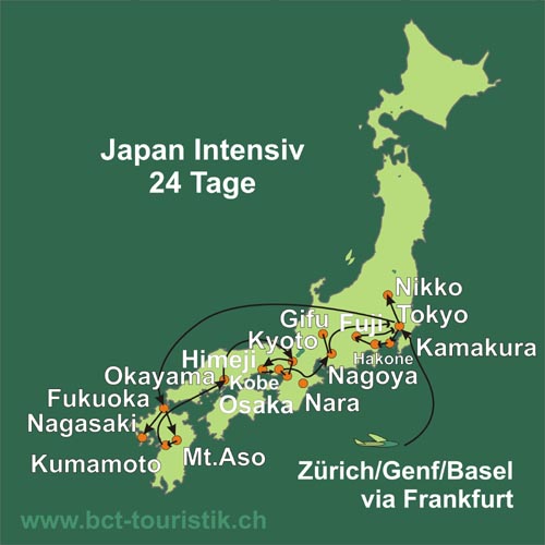 Erleben Sie Japan Intensiv, von West bis Ost enthält diese Reise eine Menge Sehenswürdigkeiten. Route dieser Reise