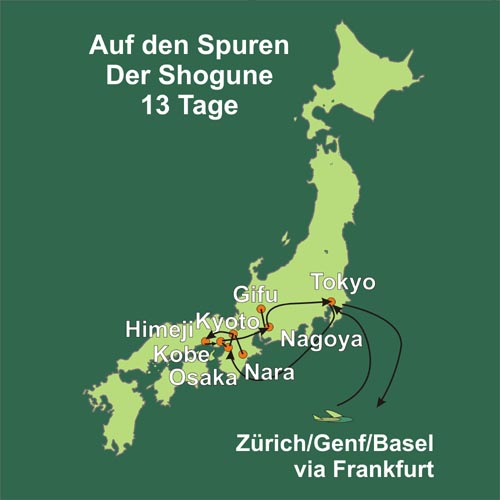Sehen Sie die Highlights der japanischen Hauptinsel Honshu auf dieser Reise nach Japan. Route dieser Reise