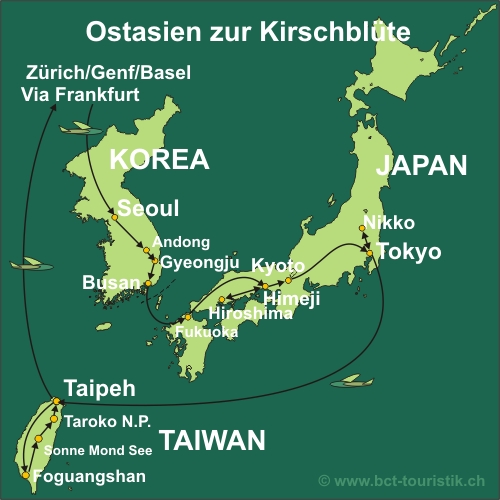 Erleben Sie Japan, Korea und Taiwan. Karte dieser Reise