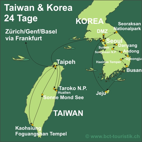 Erleben Sie Taiwan und Korea. Karte dieser Reise
