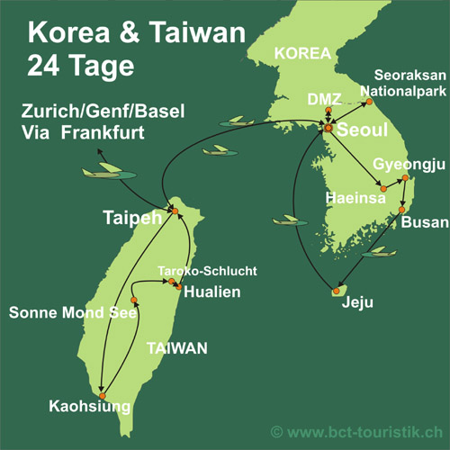 Erleben Sie Taiwan und Korea. Karte dieser Reise