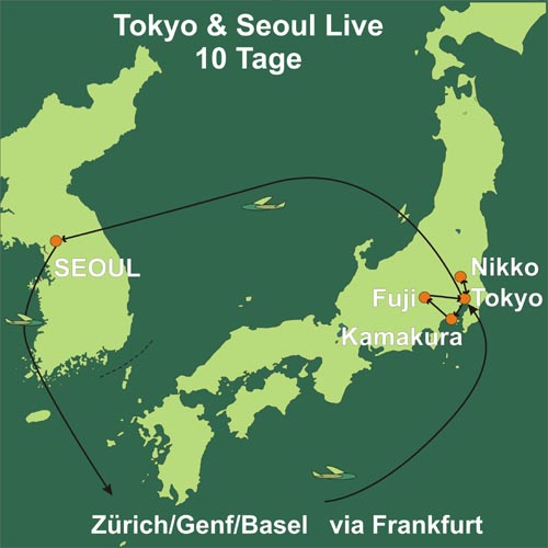 Erleben Sie die Hauptstadt Japans und Koreas – Tokyo und Seoul. Route dieser Reise