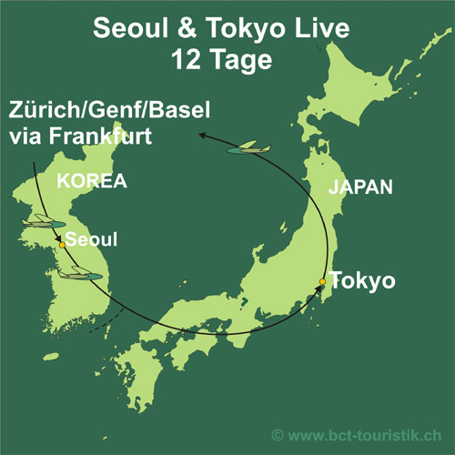 Erleben Sie die Hauptstadt Japans und Koreas – Tokyo und Seoul. Route dieser Reise