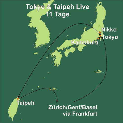 Tokyo und Taipeh, zwei Hauptstädte Ostasiens. Route dieser Reise